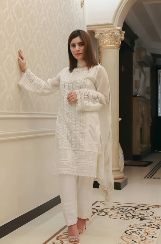 Nisa - 3PC Lawn Chicken Kari Embroidered Shirt with Self Embroidered Dupatta and Lawn Trousers - FP0714