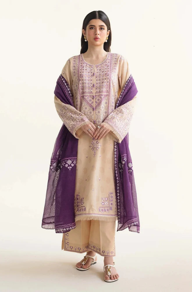 Zara Shah Jahan - 3PC unstiched Lawn Embroidered Shirt With Printed Slub net Dupata and Plan Trouser - FP1100