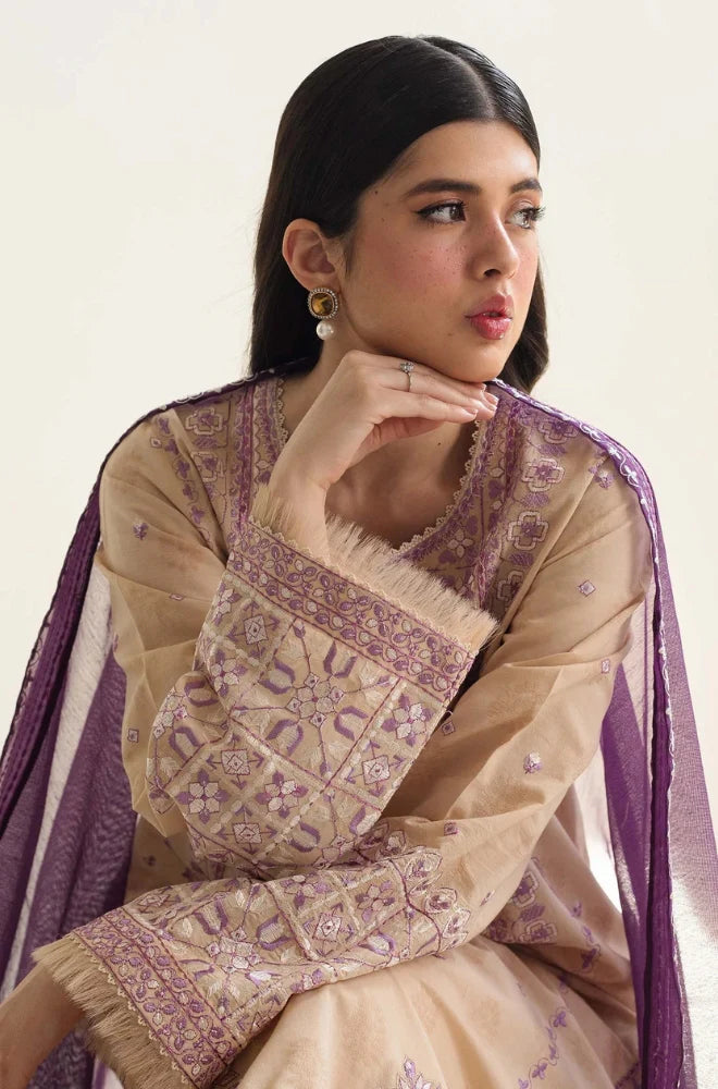 Zara Shah Jahan - 3PC unstiched Lawn Embroidered Shirt With Printed Slub net Dupata and Plan Trouser - FP1100