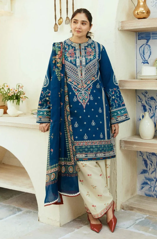 Zara Shah Jahan - 3PC Unstitched Lawn Embroidered Shirt with Digital Printed Khadi Net Dupatta and Embroidered Trousers - FP1085