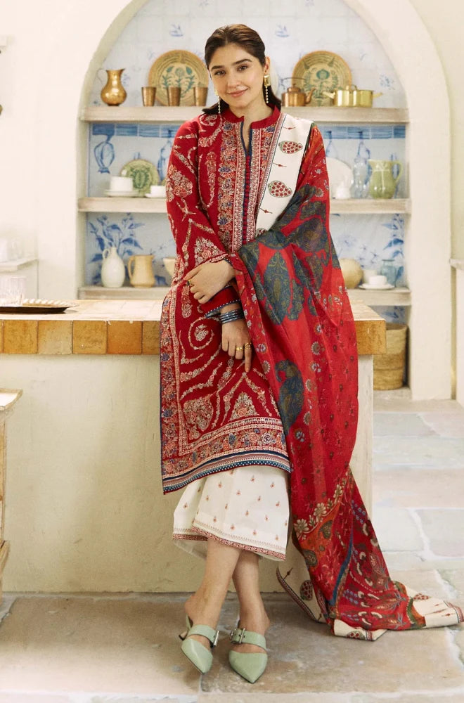 Zara Shah Jahan - 3PC Unstitched Lawn Embroidered Shirt with Digital Printed Silk Dupatta and Embroidered Trousers - FP1080